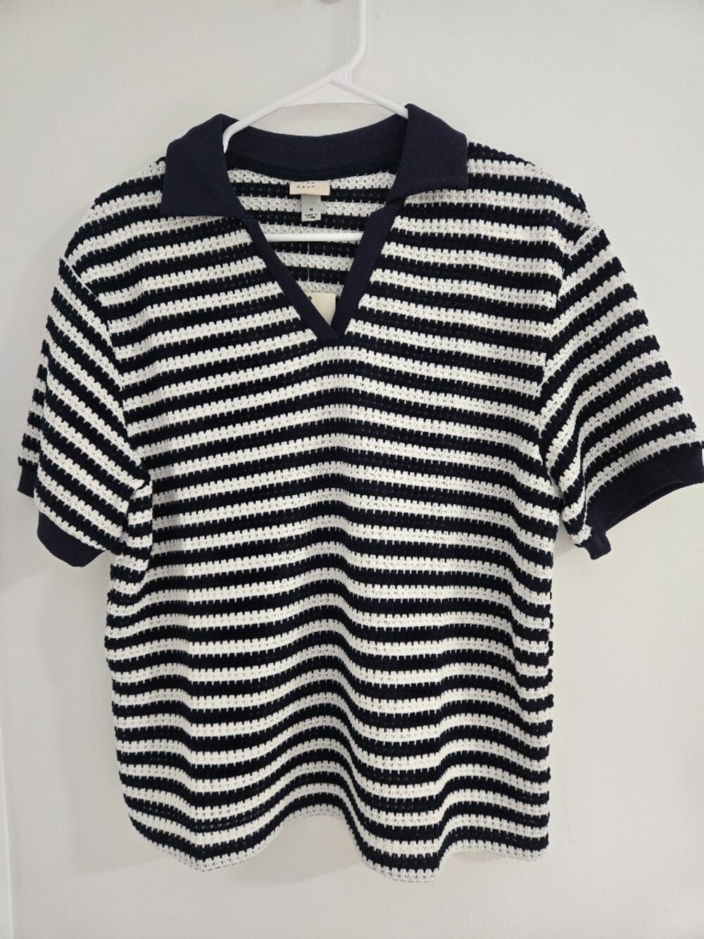 A New Day Navy White Striped Crochet Knit Polo Top M NWT V Neck Preppy Nautical